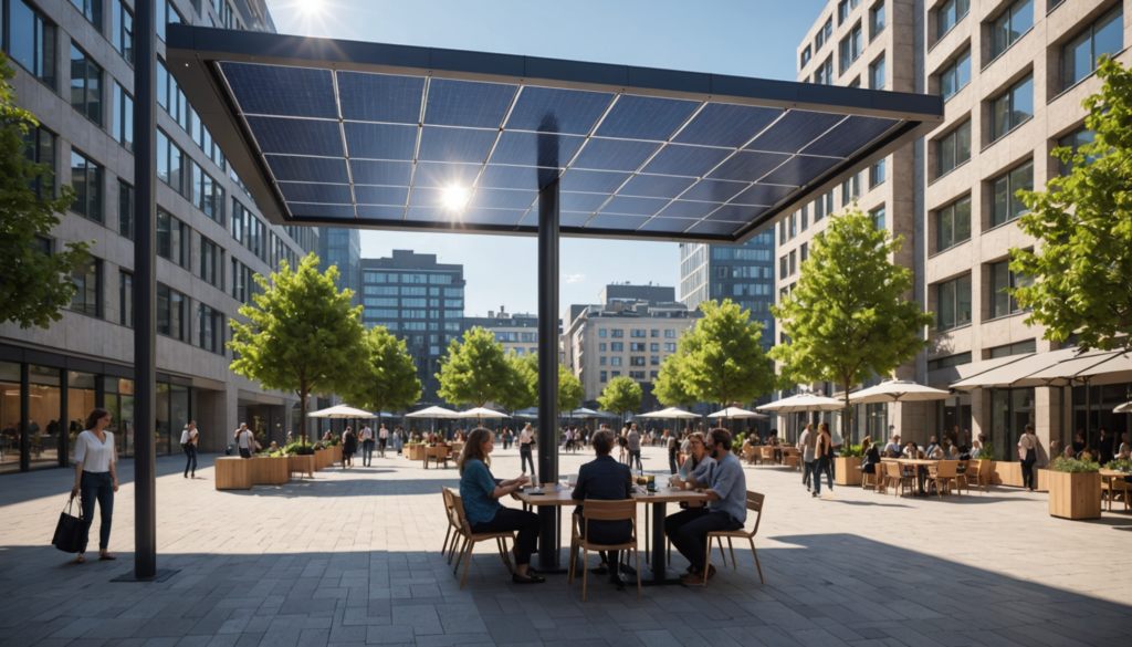 Solaire urbain et fraîcheur : ombrières – brumisateurs – matériaux
