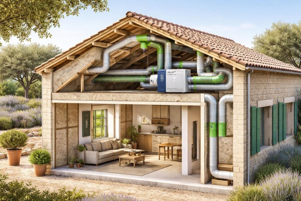améliorez le confort thermique de votre habitation en provence grâce à l'isolation avec laine de roche rockwool et la ventilation efficace via vmc double flux aldes pour une maison saine et économique.