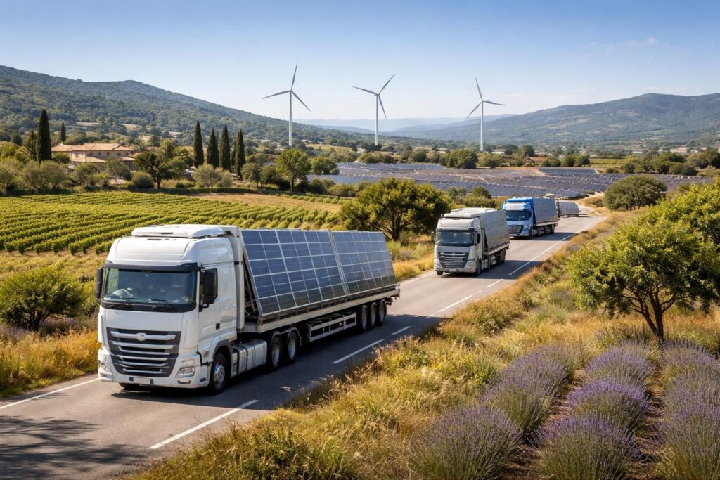 découvrez la logistique spécialisée en énergies vertes en provence, utilisant des semi-remorques daf et man pour le transport sécurisé de panneaux solaires.