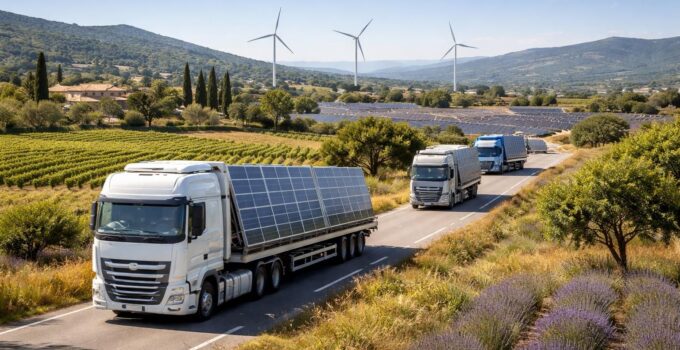 Logistique énergies vertes en Provence avec des semi-remorques DAF et MAN pour panneaux solaires
