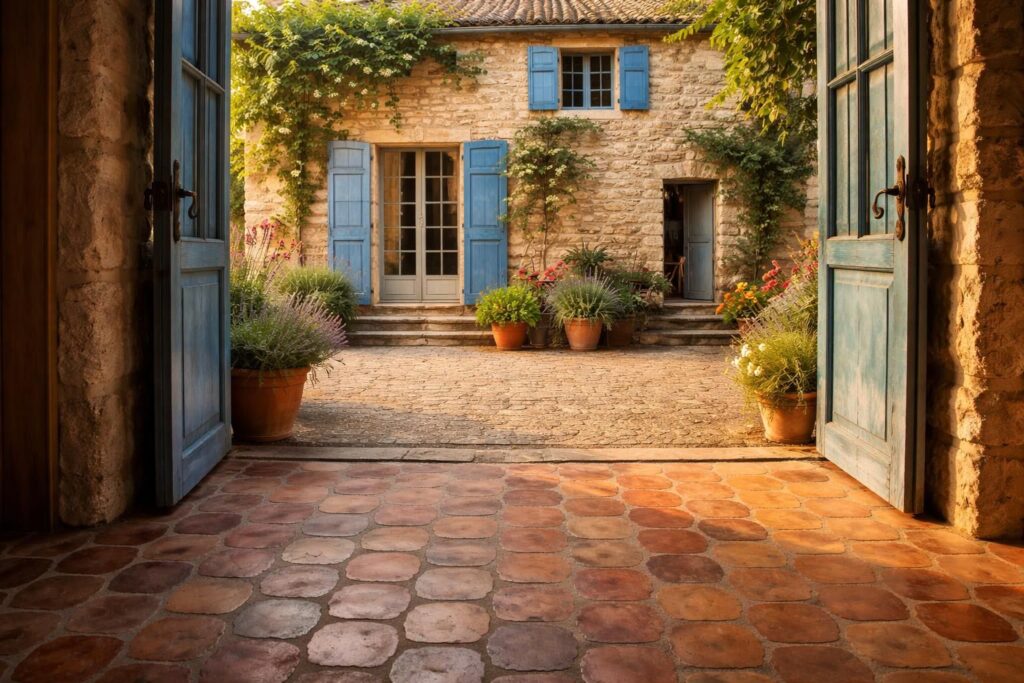 Rénover une maison provençale avec tomettes anciennes, murs en pierre et volets bleus